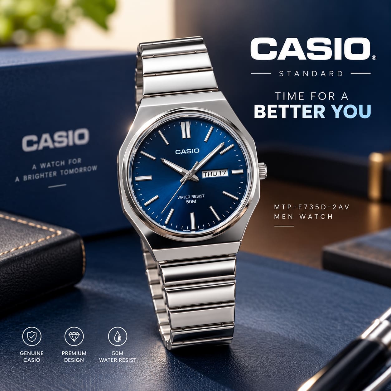 Casio Standard Blue Dial Men's Watch (MTP-E735D-2AV) – Quartz Analog Movement, 5 Bar Water Resistant, Stainless Steel Case & Matching Blue Stainless Steel Band with One-Touch 3-Fold Clasp | D Shop