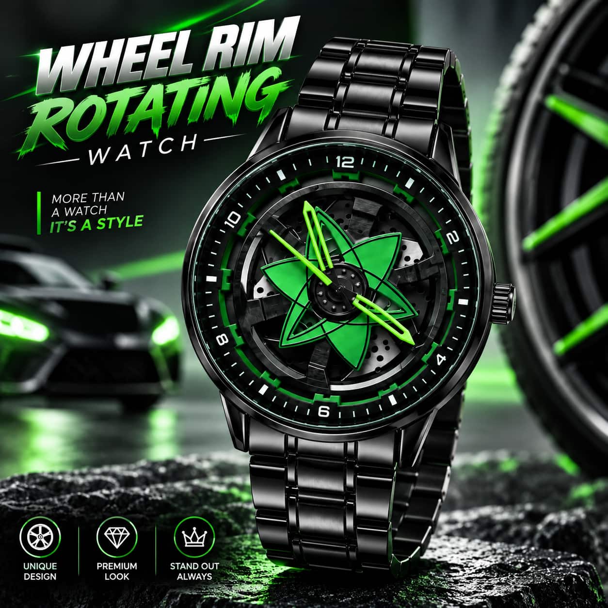360° Rotating Car Wheel Rim Quartz Watch – Matte Black Metal Sports Wristwatch, 3D Alloy Rim & Brake Disc Dial, Stainless Steel Strap & Scratch-Resistant Glass for Men | D Shop