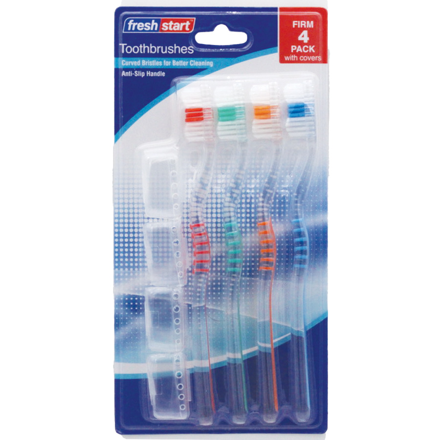 FRESH START TOOTHBRUSH 4 PK + 4 CAPS ASSORTED CASE 48 37.92 37.92 TRANSLUCENT COLORS