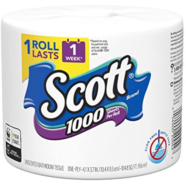 SCOTT 1100 UNSCENTED BATH TISSUE, 1PLY 36 ROLLS  1100 SHEETS PER ROLL  INDIVIDUALLY WRAPPED TOILET PAPER