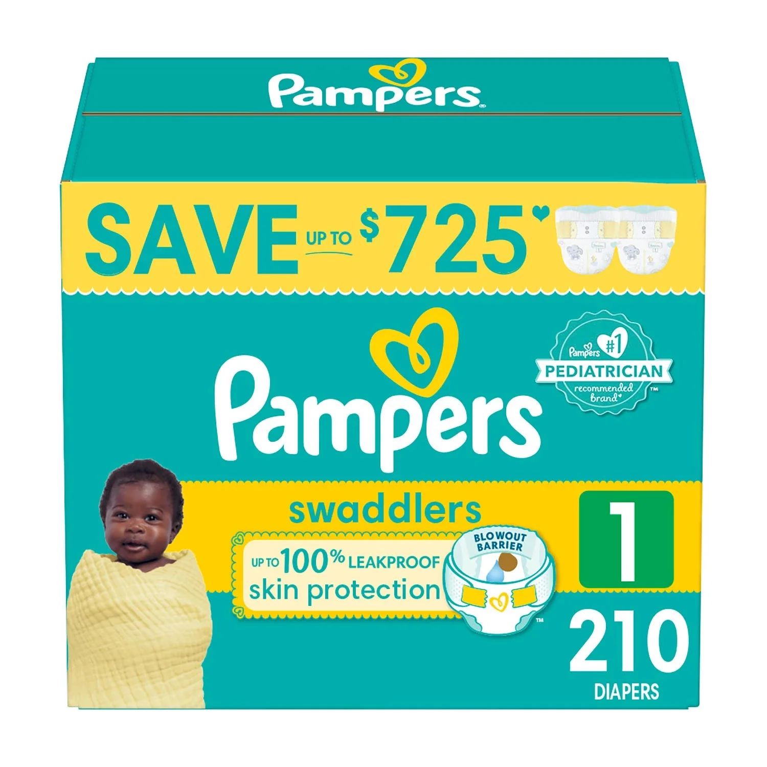 PAMPERS SWADDLERS DIAPERS, SIZE 1 814 POUNDS, 210 COUNT