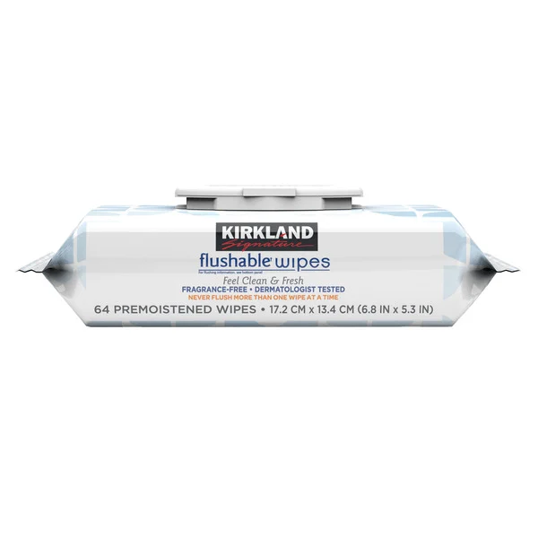 KIRKLAND SIGNATURE PREMOISTENED FLUSHABLE WIPES, FRAGRANCE FREE, 64 COUNT