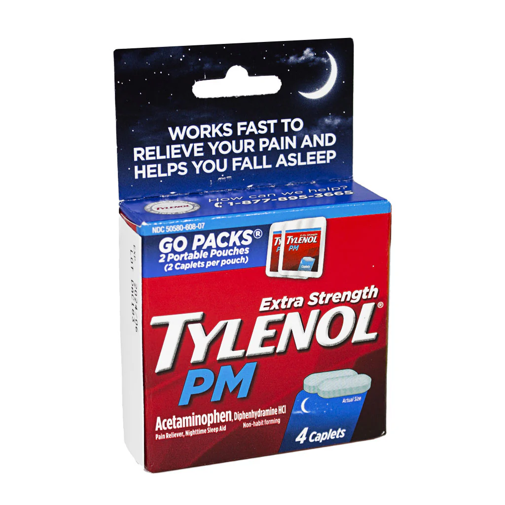 TYLENOL PM EXTRA STRENGTH NIGHTTIME PAIN RELIEVER SLEEP AID CAPLETS, TRAVEL SIZE, 2 PACKS OF 2 CAPLETS