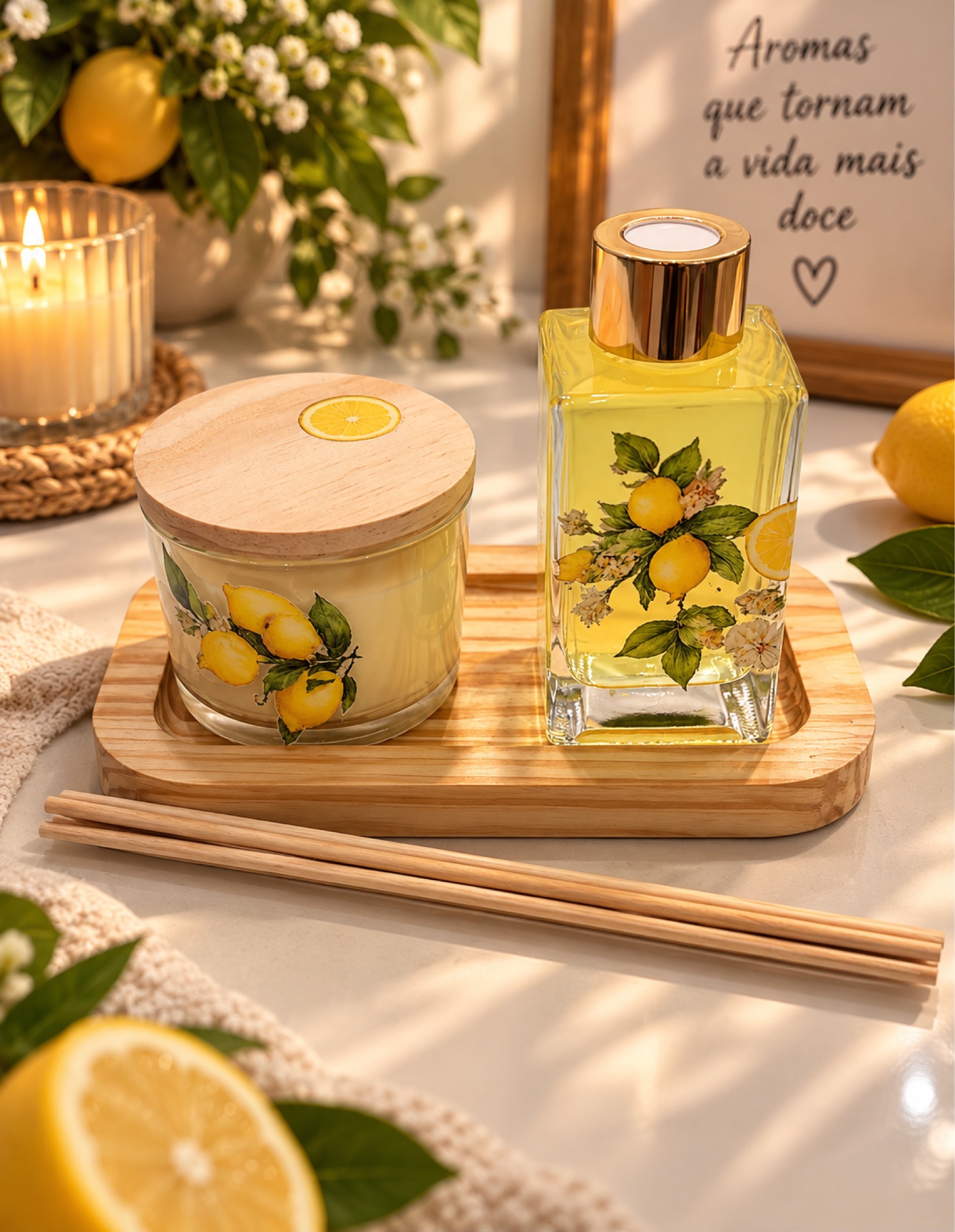 Kit Aromático Jardim de Limões – Vela Artesanal, Difusor e Bandeja