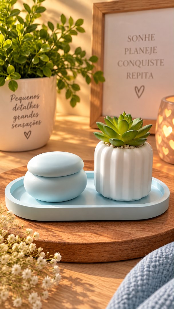 Kit Decorativo Aconchego – Vela, Mini Vaso com Suculenta e Bandeja