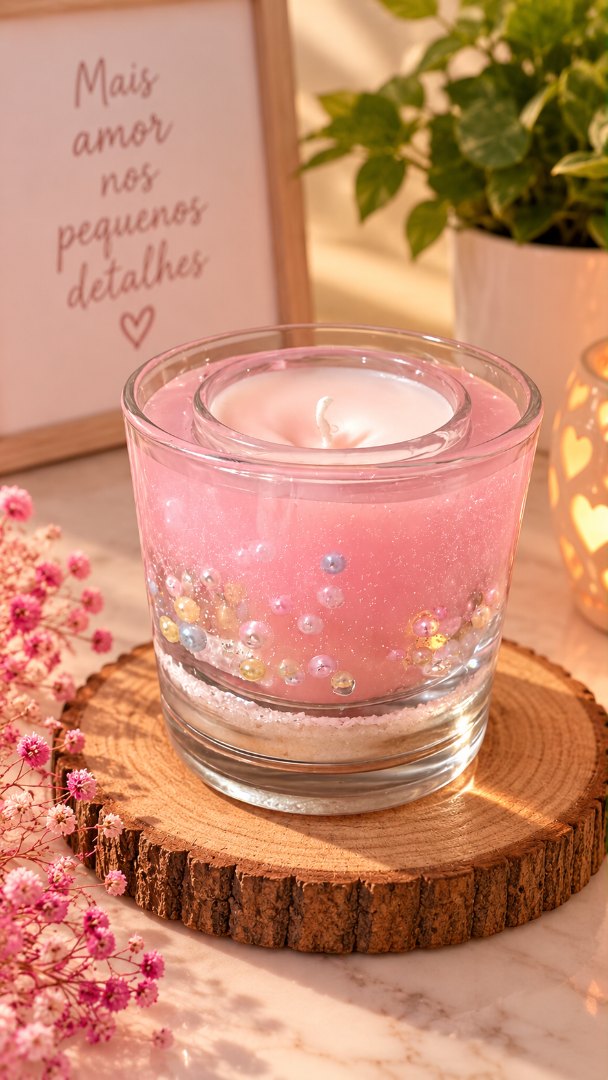 Vela Decorativa Rosa Encanto com Pérolas – Delicadeza e Charme em Cada Detalhe