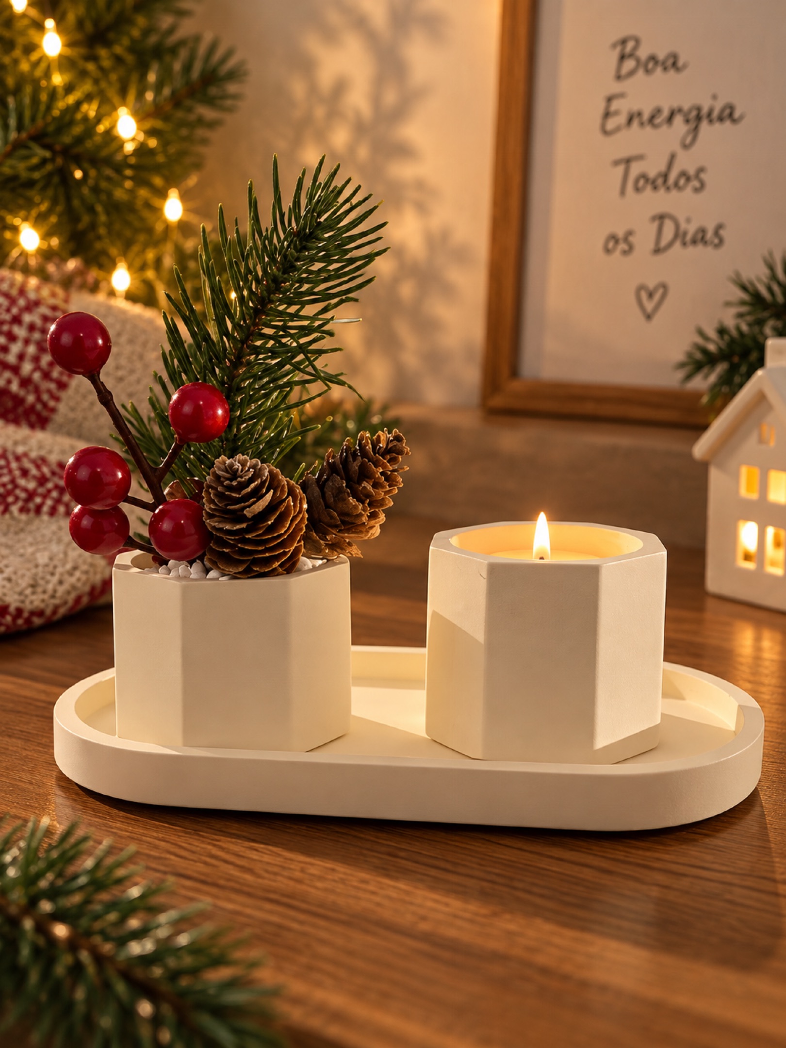 Kit Decorativo Encanto de Natal – Vela Artesanal com Arranjo Natalino