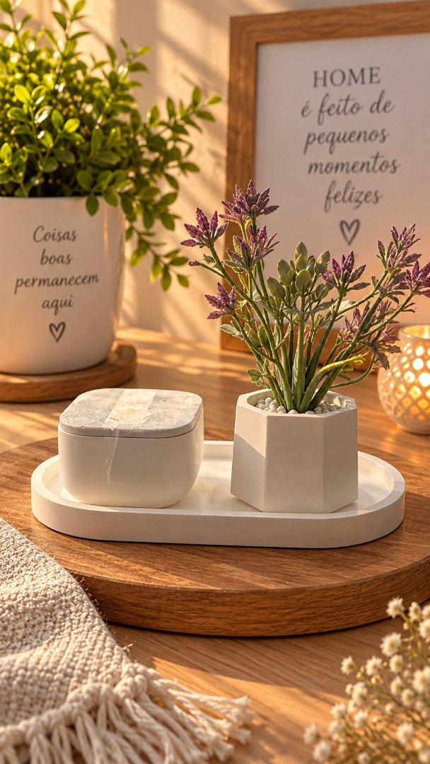 Kit Decorativo Essência Natural – Vela, Vaso com Folhagem e Bandeja