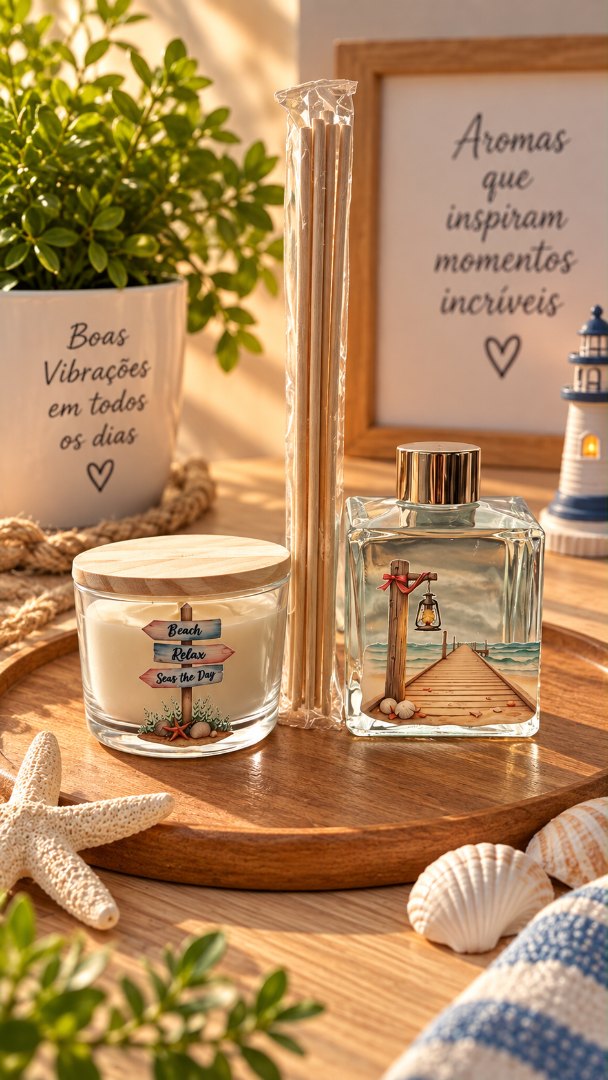 Kit Aromático Brisa do Mar – Vela Perfumada e Difusor com Tema Praia