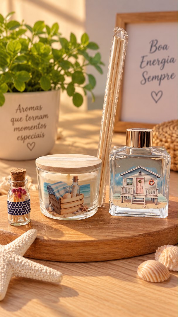 Kit Aromático Brisa do Mar – Vela, Difusor e Palitos com Tema Praia