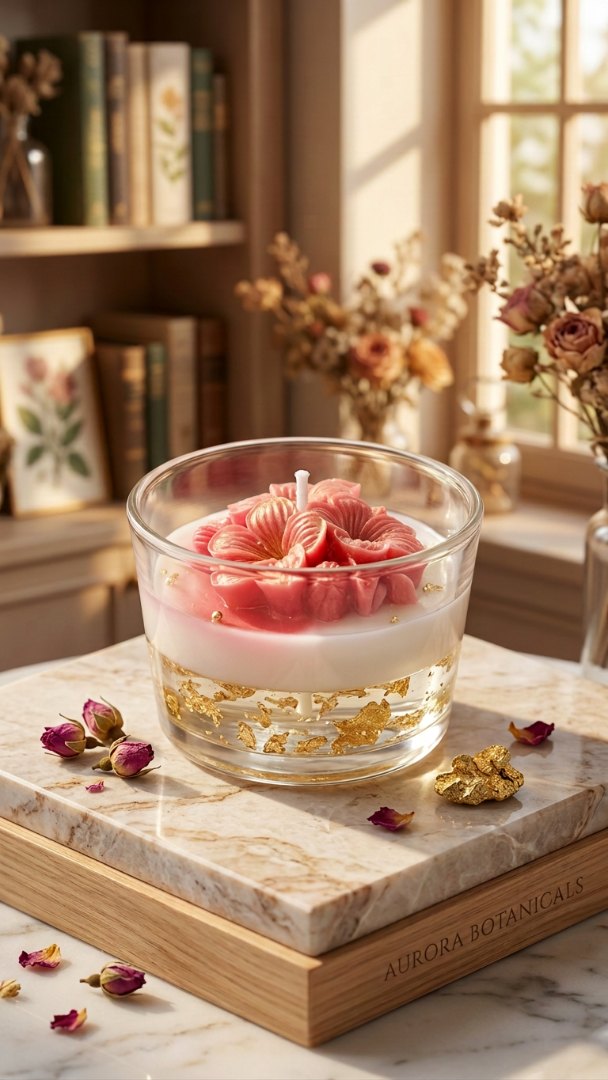 Vela Decorativa Artesanal com Flor em Relevo e Detalhes Dourados