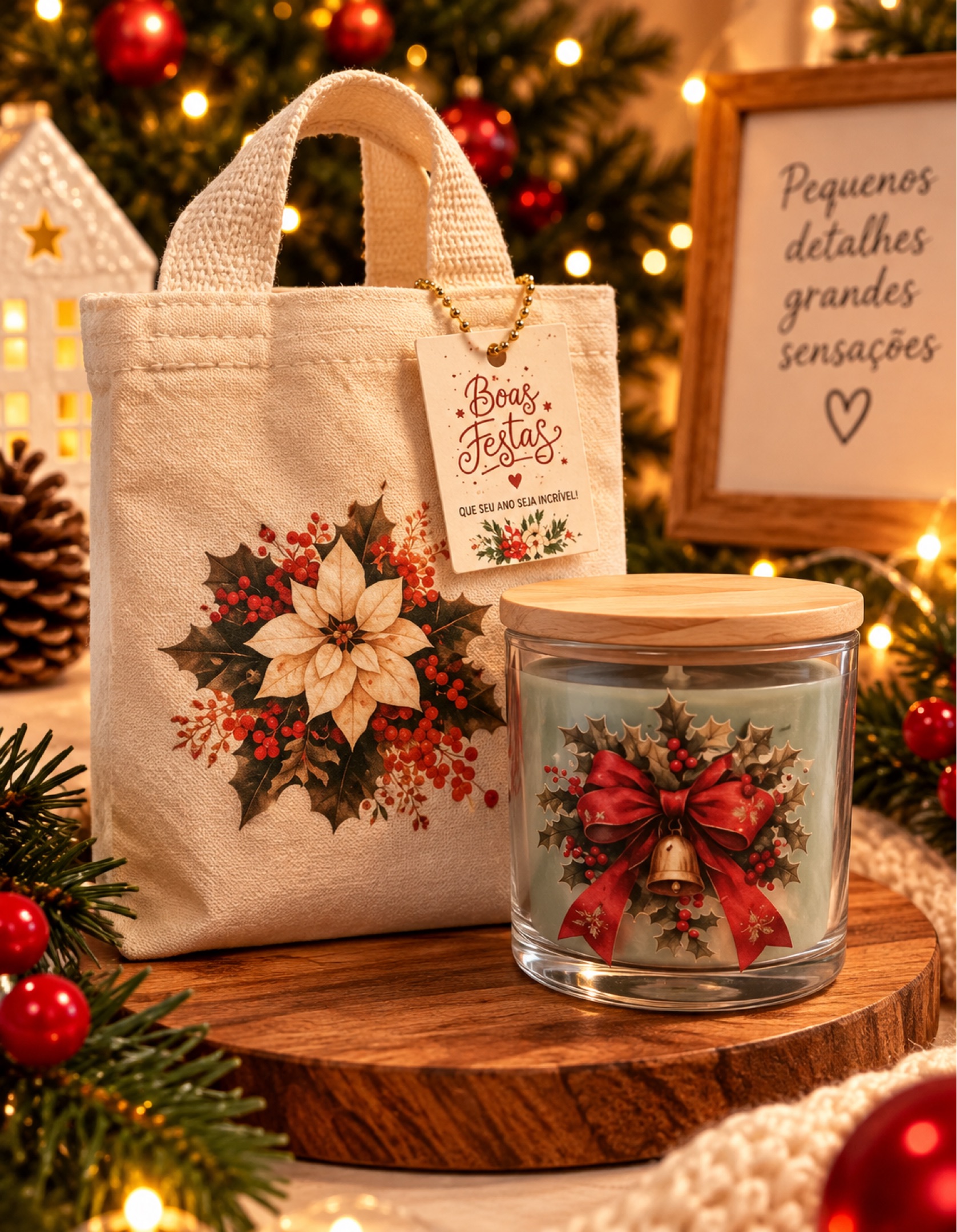 Kit Natal Encantado – Vela Aromática Artesanal com Sacolinha para Presente