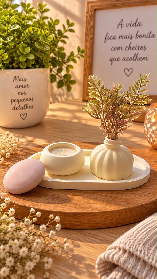 Kit Decorativo Jardim Sereno – Vela, Vaso com Folhagem e Bandeja