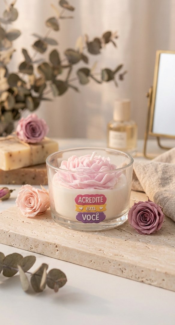 Vela Decorativa com Flor Rosa