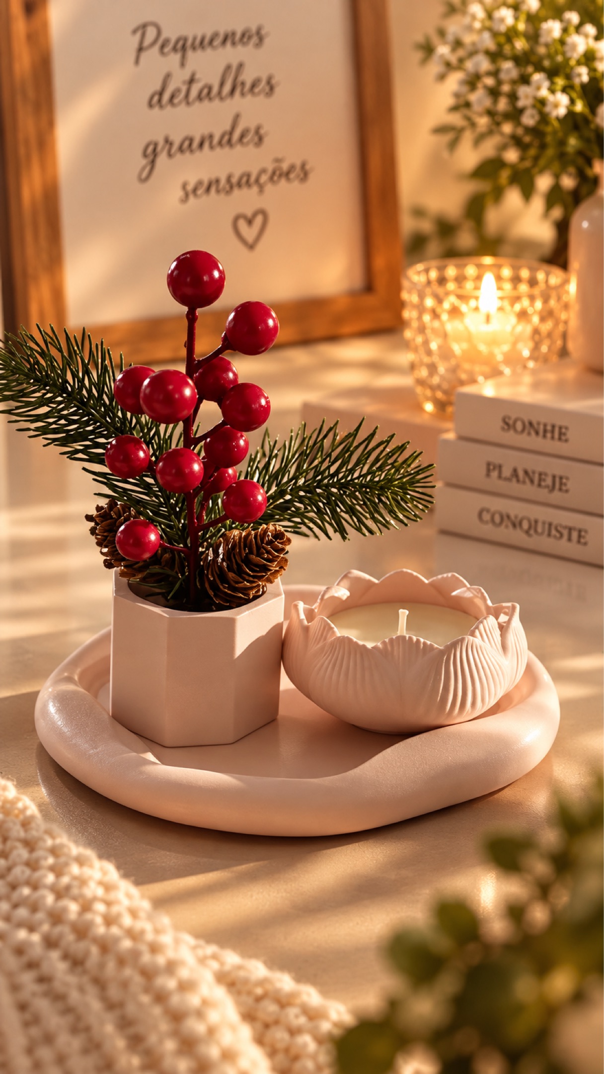 Kit Decorativo Flor de Natal – Vela Artesanal, Arranjo Natalino e Bandeja