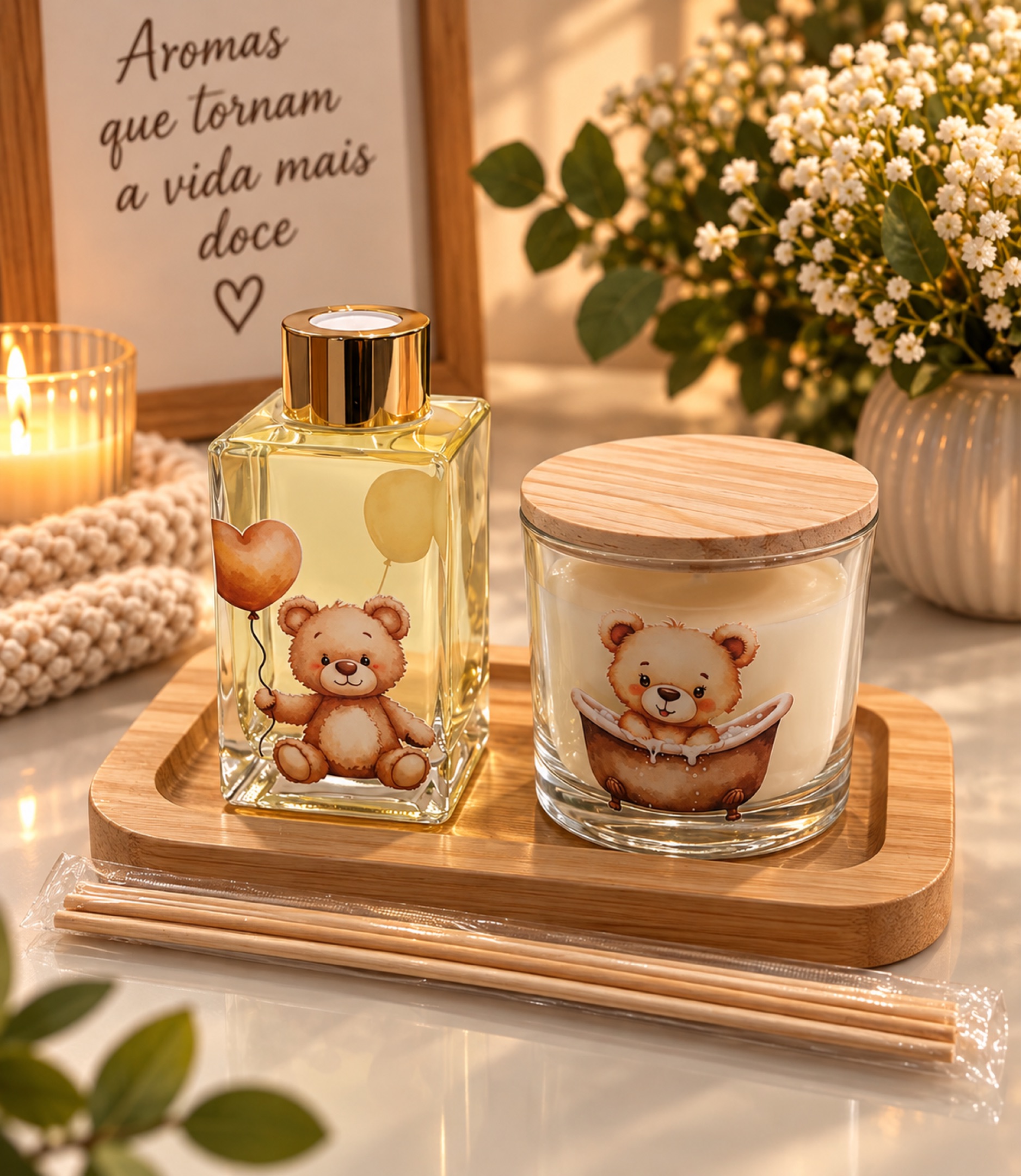 Kit Aromático Ursinho do Amor – Vela Artesanal, Difusor e Bandeja