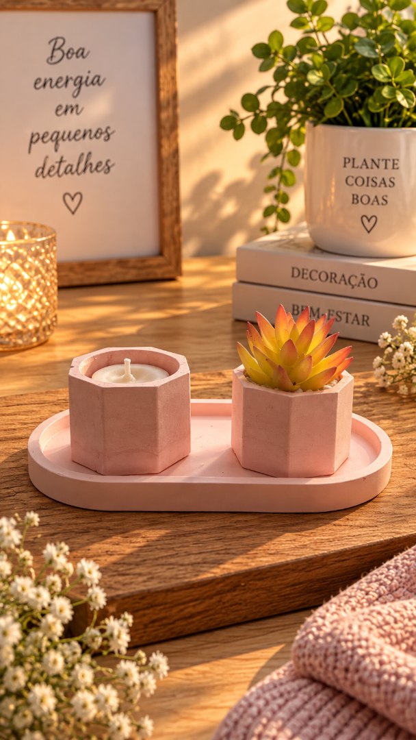 Kit Decorativo Rosa Boas Energias – Vela, Suculenta e Bandeja