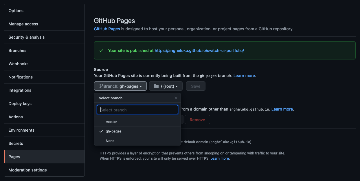 GitHub Pages settings