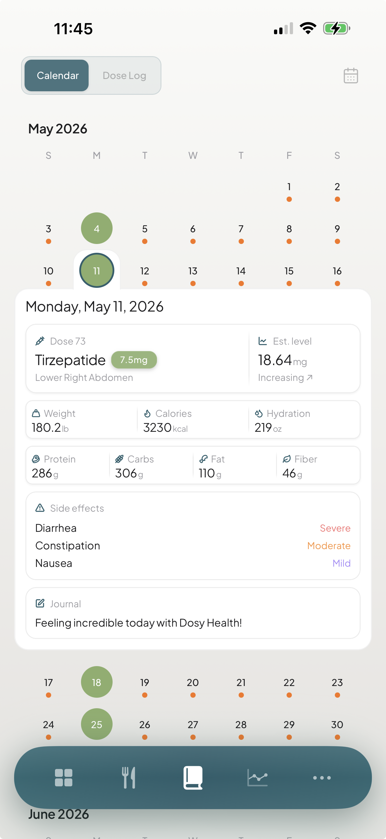 Calendar daily logging in Dosy Health