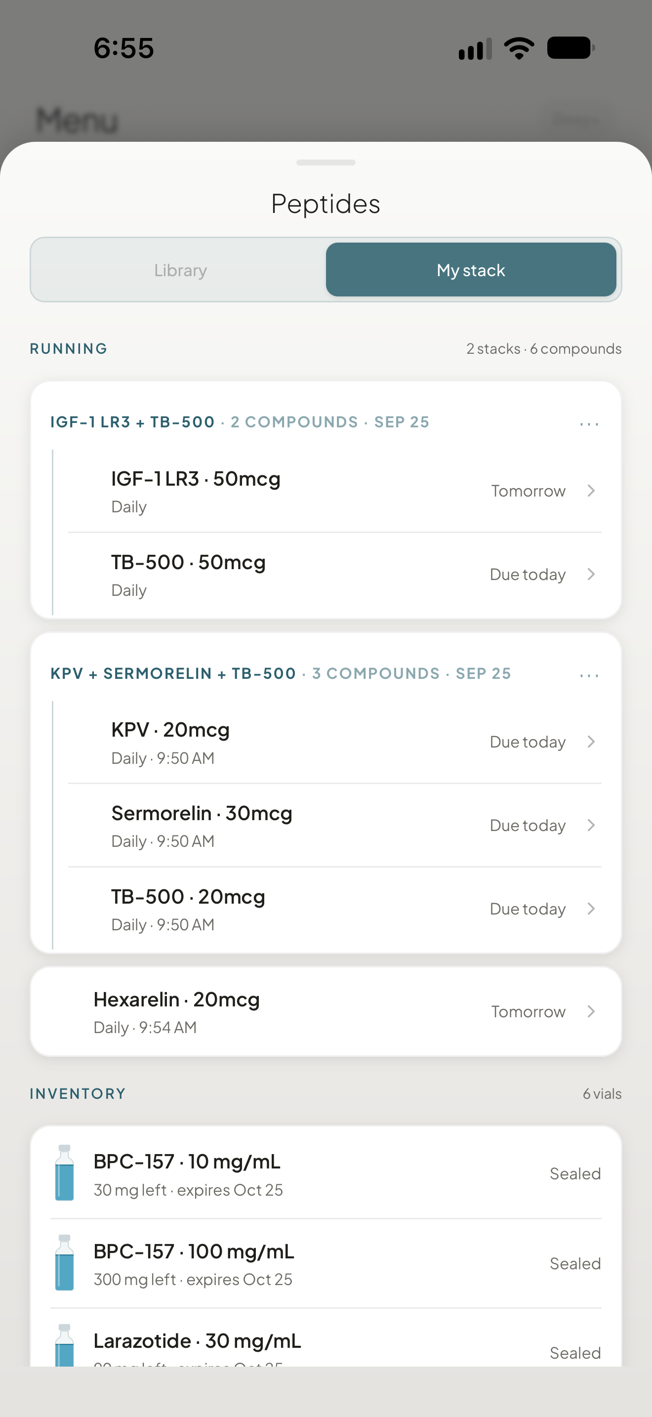 Dosy peptide stack, showing each compound with its own dose and schedule