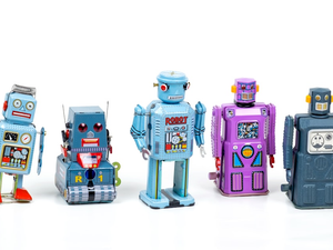 Little toy robots, collection of blue and pink colored