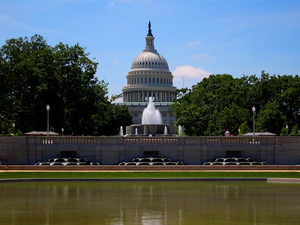North fountain view of United States Capitol building.