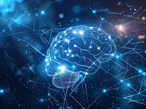 Blue digital background with a glowing brain, in the style of AI technology concept, neural network and artificial intelligence iconography.