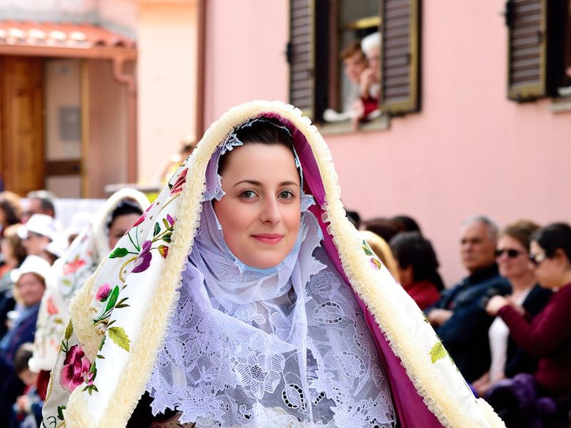 a woman in a white dress and a purple shawl
