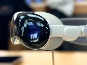 Front-side profile of the Apple Vision Pro on display.