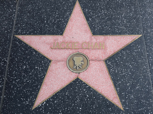 a pink and white star with Hollywood Walk of Fame in the background