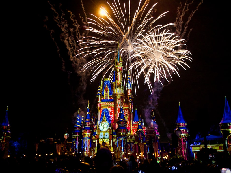 Fireworks and colorful projections on Cinderella Castle during one of the final Happily Ever After performances.