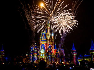 Fireworks and colorful projections on Cinderella Castle during one of the final Happily Ever After performances.