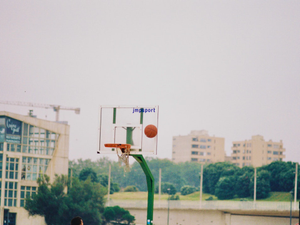 basketball hoop with green metal stand