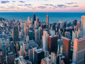 City architecture and skyscrapers near waterfront