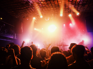 a crowd of people at a concert with their hands in the air