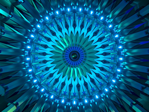 3D render of psychedelic metallic abstract mandala symmetrical shape of a fractal. Razor sharp edges with glowing blue light. futuristic illustration