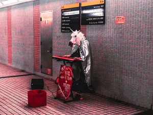person wearing unicorn head and cape playing keyboard at the station