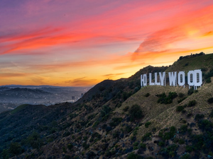 Hollywood sign at sunset. 