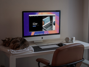 A peaceful home office setup featuring an iMac showcasing a modern web design project, with a comfortable brown leather chair, wireless headphones, and a sleeping cat on a soft blanket. The natural light filtering through the window adds a calming atmosphere, making this an ideal space for creativity and productivity. Perfect inspiration for remote workers, designers, or anyone who loves minimalist workspaces with a touch of coziness.