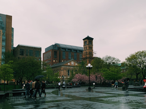 people walking near road beside concrete houses
