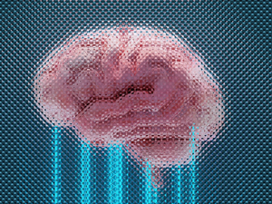 A brain displayed with glowing blue lines.