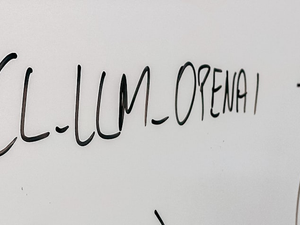 The image displays a white background with handwritten text. The primary text reads "LLM OPENAI" in black ink. There's also additional, somewhat blurred text in the background that is harder to decipher. The handwriting has a fluid and cursive style.