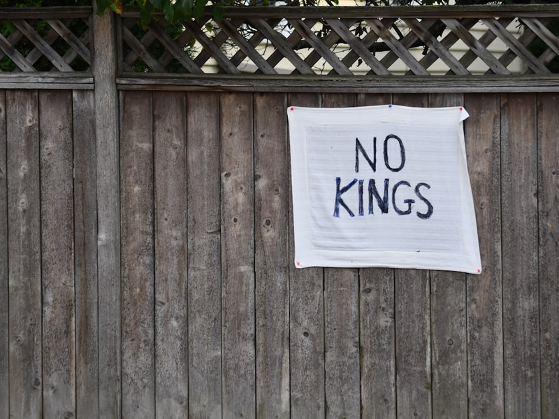 White banner with "no kings" written on fence