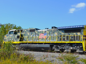 Camouflaged train with american flag on tracks