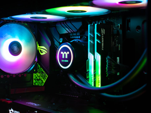 Inside of a professional watercooled gaming/workstation computer with RGB LED lighting