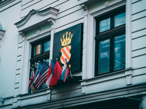 Flags on the window of embassy.