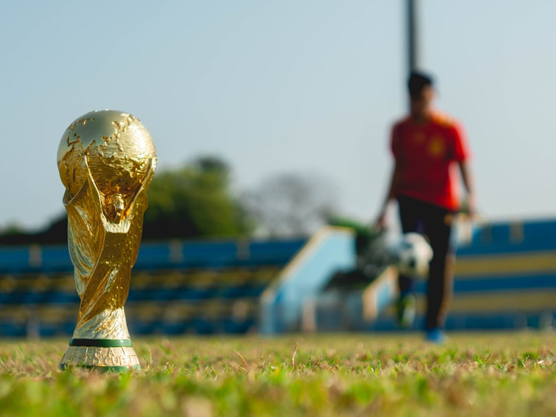 selective focus photography of gold-colored trophy on grass field during daytime