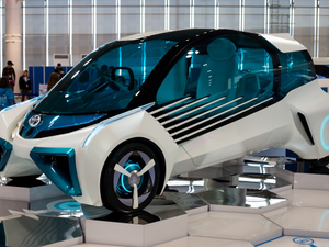 A Toyota hydrogen fuel cell concept vehicle on display at Megaweb Toyota City Showcase in Tokyo.
