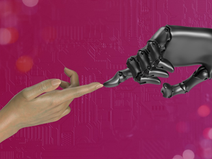 two hands touching each other in front of a pink background