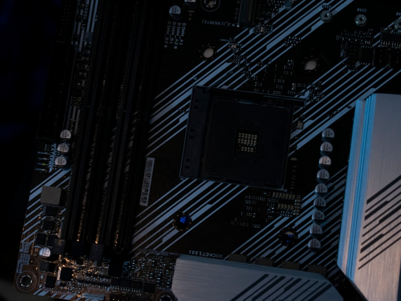 A close-up view of a computer motherboard.